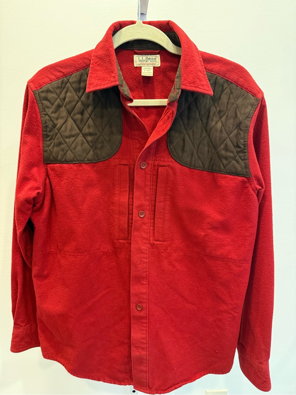 L.L. Bean Red Fleece Button-Down Quilted Brown Shoulder Panels Vintage Size S